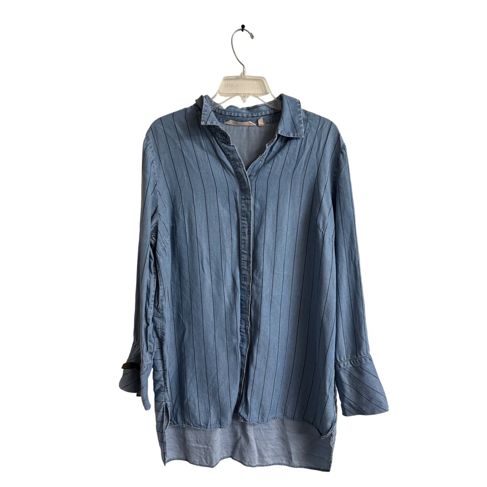 Soft Surroundings Denim Look Blue Pinstripe Tencel Lyocell Button Down Tunic L